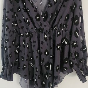 Black and Gray Animal Cheetah Print Blouse Shein 2XL